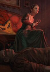Rule 34 | 1boy, 1girl, black cat, blank eyes, cat, corpse, couch, dress, earrings, european clothes, game cg, gwent (game), highres, holding, holding scissors, indoors, jewelry, looking at viewer, necklace, non-web source, official art, painting (object), scissors, the witcher (series)