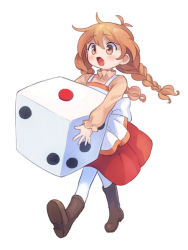 Rule 34 | 100 percent orange juice, 1girl, apron, back bow, blush, boots, bow, braid, breasts, brown footwear, brown shirt, commentary request, dice, flying red barrel, full body, holding, long hair, marc (orange juice), oita, open mouth, orange eyes, orange hair, oversized object, pantyhose, red skirt, shirt, simple background, skirt, small breasts, solo, twin braids, waist apron, waist bow, walking, white apron, white background, white bow, white pantyhose