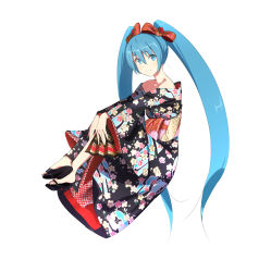 Rule 34 | 1girl, bad id, bad pixiv id, bare shoulders, blue eyes, blue hair, bow, collarbone, domo1220, eyebrows, floral print, folding fan, from side, full body, hair bow, hand fan, hatsune miku, high heel sandals, high heels, highres, holding, japanese clothes, kimono, long hair, long sleeves, looking at viewer, looking to the side, matching hair/eyes, no legwear, obi, off shoulder, plaid, plaid bow, red bow, sandals, sash, simple background, smile, solo, very long hair, vocaloid, white background, wide strap sandals
