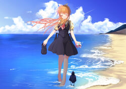 Rule 34 | 1girl, air (visual novel), aosakana com, arms at sides, barefoot, beach, bird, black dress, blonde hair, blue sky, blush, bow, closed eyes, closed mouth, cloud, commentary request, day, dress, facing viewer, floating hair, full body, hair between eyes, hair bow, highres, holding carton, kamio misuzu, long hair, necktie, ocean, outdoors, puffy short sleeves, puffy sleeves, red necktie, school uniform, shirt, shoes, short dress, short necktie, short sleeves, sidelocks, sky, smile, soaking feet, solo, sora (air), standing, unworn shoes, white bow, wind, yellow shirt