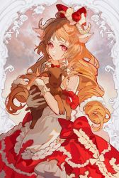 Rule 34 | 1girl, abstract background, alternate costume, alternate hairstyle, animal, animal ears, arknights, bare shoulders, border, commentary, dress, drill hair, eyjafjalla (arknights), frilled dress, frills, gloves, goat, goat ears, goat girl, goat horns, hat, highres, holding, holding animal, horns, layered dress, looking at viewer, mixed-language commentary, off-shoulder dress, off shoulder, red dress, red eyes, red headwear, satsuya, solo, twin drills, upper body, white gloves
