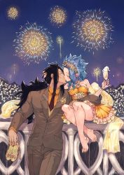 Rule 34 | 1boy, 1girl, bare shoulders, barefoot, black hair, blue hair, blush, breasts, brown eyes, brown jacket, brown necktie, brown pants, closed eyes, collared shirt, couple, cup, dress, fairy tail, fireworks, formal, frilled dress, frills, gajeel redfox, glass, hetero, highres, holding, holding cup, holding shoes, jacket, levy mcgarden, long hair, necktie, off-shoulder dress, off shoulder, orange dress, orange shirt, pants, piercing, ponytail, rusky, shirt, shoes, unworn shoes, smile, suit