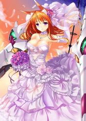 Rule 34 | 1girl, animal ears, bouquet, breasts, bridal veil, choker, cleavage, dress, elbow gloves, fatkewell, flower, fox ears, fox tail, gloves, hair flower, hair ornament, jewelry, large breasts, long hair, looking at viewer, necklace, orange hair, original, purple eyes, rika eastre, smile, solo, tail, veil, wedding dress, white gloves