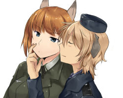 Rule 34 | 10s, 2girls, aimai (luckyfive), animal ears, bad id, bad pixiv id, blue eyes, brave witches, brown hair, closed eyes, gundula rall, hat, luckyfive, military, military uniform, multiple girls, short hair, simple background, strike witches, uniform, waltrud krupinski, white background, world witches series, yuri