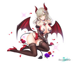 Rule 34 | 1girl, bare shoulders, black choker, black panties, breasts, brown gloves, brown thighhighs, choker, cleavage, closed mouth, clothing cutout, collarbone, demon girl, demon horns, demon tail, demon wings, elbow gloves, feather trim, flower, frown, full body, gloves, green eyes, grey hair, groin, hair between eyes, hair ornament, heart-shaped lock, high heels, highleg, highleg leotard, highres, horns, kneeling, large breasts, lee nabi, leotard, long hair, looking at viewer, maett, navel cutout, official art, panties, petals, red flower, red footwear, red leotard, revealing clothes, rose, simple background, skindentation, solo, soulworker, strapless, strapless leotard, string panties, tail, thighhighs, thighs, underwear, white background, wings
