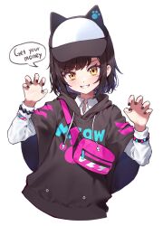 Rule 34 | 1girl, animal ears, animal hat, baseball cap, black hair, black hoodie, black nails, bracelet, cat hat, claw pose, collared shirt, commentary, cropped torso, denonbu, dolldolldd, english commentary, fake animal ears, fanny pack, hands up, hat, highres, hood, hood down, hoodie, jewelry, kurogane tama, long sleeves, looking at viewer, lyrics, nail polish, open mouth, paw print, poncho, shirt, short hair, simple background, smile, solo, speech bubble, upper body, white background, white shirt, yellow eyes