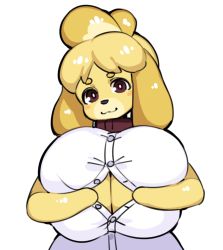 Rule 34 | 1girl, :3, animal crossing, animal ears, blonde hair, blush stickers, borvar, breasts, breasts squeezed together, brown eyes, closed mouth, collar, dog ears, dog girl, female focus, furry, furry female, hands up, happy, highres, huge breasts, isabelle (animal crossing), looking at viewer, nintendo, open clothes, open shirt, paizuri invitation, shirt, short hair, simple background, smile, solo, topknot, unbuttoned, upper body, white shirt