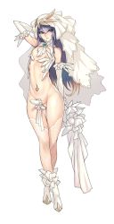 Rule 34 | 1boy, arm behind head, ban! (bansankan), bare shoulders, blue eyes, blue hair, bottomless, bride, crossdressing, elbow gloves, erection, full body, gloves, grin, highres, long hair, looking at viewer, male bride, male focus, navel, navel piercing, nipples, original, penis, penis sheath, piercing, smile, solo, testicles, thighhighs, trap, veil, white gloves, white thighhighs