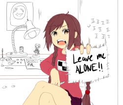 Rule 34 | 10s, 1girl, braid, brown eyes, brown hair, character doll, crossed legs, desk, drawfag, drugs, english text, kaname madoka, long hair, madotsuki, magister, mahou shoujo madoka magica, mahou shoujo madoka magica (anime), open mouth, partially colored, pencil, pink shirt, shirt, sign, sign holding, sitting, skirt, solo, sweater, tally, twin braids, twintails, uboa, unfinished, yume nikki