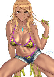 1girl, :d, animal print, bikini, blonde hair, bracelet, breasts, brown eyes, commentary request, dark skin, dark skinned female, earrings, green nails, gyaru, high heels, highres, idolmaster, idolmaster shiny colors, izumi mei, jewelry, leopard print, long hair, looking at viewer, nail polish, navel, navel piercing, necklace, open mouth, piercing, revision, shiny, shiny skin, short shorts, shorts, simple background, smile, solo, spread legs, squatting, suna, swimsuit, teeth, white background