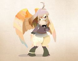 Rule 34 | 1girl, ahoge, anklet, bird legs, brown hair, chibi, commentary request, feathered wings, feathers, glasses, hair over one eye, harpy, holding, inu 014, jewelry, long hair, monster girl, neck fur, neck ruff, one eye covered, red-framed eyewear, semi-rimless eyewear, simple background, solo, standing, tokyo houkago summoners, white feathers, wings, ziz (housamo)