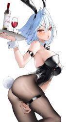 Rule 34 | 1girl, absurdres, alcohol, animal ears, bare shoulders, black leotard, black thighhighs, blue hair, blush, bow, bowtie, breasts, cup, detached collar, drinking glass, from side, hair between eyes, hair ornament, hand on own crotch, highres, holding, holding tray, ichibi, leotard, medium breasts, nail polish, open mouth, original, playboy bunny, rabbit ears, rabbit tail, red eyes, red nails, simple background, skin tight, solo, strapless, strapless leotard, sweatdrop, tail, thigh strap, thighhighs, tray, white background, wine, wine glass, wrist cuffs