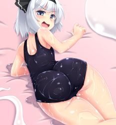 Rule 34 | 1girl, ass, blue eyes, blush, derivative work, from behind, huge ass, isaki (gomi), konpaku youmu, looking at viewer, looking back, lying, oiled, on stomach, one-piece swimsuit, open mouth, school swimsuit, short hair, solo, swimsuit, thighs, touhou, white hair