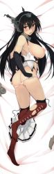 Rule 34 | 10s, 1girl, :o, absurdres, ass, bed sheet, black hair, blush, breasts, brown thighhighs, dakimakura (medium), from side, full body, headgear, highres, huge filesize, kantai collection, large breasts, long hair, looking at viewer, lying, nagato (kancolle), nipples, no bra, on side, open mouth, panties, panty pull, red eyes, sideboob, skirt, skirt around one leg, solo, thighhighs, torn clothes, torn thighhighs, underwear, white panties, zekkyon