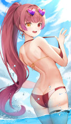 Rule 34 | 1girl, ass, back, bikini, bikini pull, breasts, butt crack, clothes pull, earrings, eyewear on head, from behind, heart, heart-shaped eyewear, heart earrings, heterochromia, highres, hololive, houshou marine, houshou marine (summer), jewelry, lancheu, large breasts, long hair, looking at viewer, looking back, no jacket, ocean, official alternate costume, open mouth, ponytail, red eyes, red hair, smile, solo, sunglasses, swimsuit, teeth, thigh strap, upper teeth only, very long hair, virtual youtuber, wading, water, water drop, wet, yellow eyes