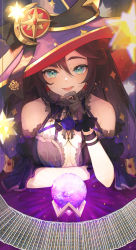 Rule 34 | 1girl, absurdres, bare shoulders, black hair, blue hat, blush, breasts, card, detached sleeves, earrings, finger to mouth, fur collar, genshin impact, gold trim, green eyes, hat, hat ornament, highres, jewelry, long hair, looking at viewer, medium breasts, mona (genshin impact), open mouth, pistachiocream, small breasts, smile, solo, sparkle print, star (symbol), star earrings, tarot, twintails, witch hat
