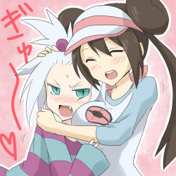 Rule 34 | 10s, 2girls, ^ ^, aqua eyes, black hair, blue eyes, blush, breast smother, breasts, brown hair, closed eyes, couple, creatures (company), double bun, dress, face to breasts, fang, freckles, game freak, green eyes, gym leader, hair bobbles, hair bun, hair ornament, hair ribbon, heart, hug, jacket, large breasts, long hair, long sleeves, lying on person, multiple girls, nintendo, open mouth, oro (zetsubou girl), pokemon, pokemon bw2, profile, raglan sleeves, red eyes, ribbon, rosa (pokemon), roxie (pokemon), short hair, smile, spiked hair, striped clothes, striped dress, topknot, twintails, visor cap, white background, white hair, yuri