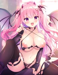 Rule 34 | 1girl, bikini, bikini pull, black bikini, black gloves, black thighhighs, blush, breasts, bridal gauntlets, bulge, clothes pull, criss-cross halter, demon girl, demon wings, elbow gloves, erection, erection under clothes, girl on top, gloves, grinding over clothes, hair ornament, halterneck, head wings, heart, heart hair ornament, heart o-ring, highres, ikinari succubus, large breasts, long hair, looking at viewer, mizuki nemu, nipples, open mouth, pink hair, purple eyes, shiika yuno, sitting, skindentation, smile, solo, spread legs, swimsuit, teasing, thigh strap, thighhighs, two side up, wings