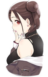 Rule 34 | 1girl, bare shoulders, black sweater, blush, breasts, brown hair, brown jacket, cropped torso, double bun, earrings, from side, hair ornament, hairclip, hand on own chest, hand up, heart, heart earrings, highres, idolmaster, idolmaster shiny colors, jacket, jewelry, long sleeves, looking at viewer, looking to the side, medium breasts, nail polish, necklace, off shoulder, open clothes, open jacket, pink nails, profile, short hair, short twintails, sideways glance, simple background, solo, sonoda chiyoko, stud earrings, sunaba suzume, sweater, twintails, upper body, white background, x hair ornament
