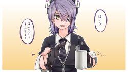 Rule 34 | 1girl, absurdres, black gloves, blush, breasts, brown eyes, checkered clothes, checkered necktie, checkered neckwear, coffee mug, cup, eyepatch, gloves, hair over one eye, highres, holding, holding cup, kantai collection, looking at viewer, medium breasts, messy hair, mug, necktie, parted lips, partially fingerless gloves, purple hair, short hair, smile, solo, speech bubble, tadd (tatd), tenryuu (kancolle), translation request, upper body