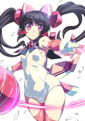 Rule 34 | 10s, 1girl, adapted costume, armpits, black hair, collar, commentary request, covered navel, elbow gloves, frown, gloves, gummyrise, headpiece, looking at viewer, one-piece swimsuit, outstretched arm, pink eyes, pink thighhighs, school swimsuit, senki zesshou symphogear, solo, swimsuit, thighhighs, tsukuyomi shirabe, twintails, water drop, white school swimsuit, white one-piece swimsuit, yo-yo