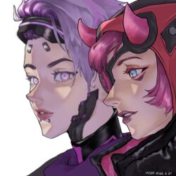 Rule 34 | 2girls, air orchid valkyrie, apex legends, black headwear, black jacket, blue eyes, blurry, chinese commentary, cyber punked wattson, dated, depth of field, eyepatch, eyeshadow, eyewear on head, from side, head-mounted display, highres, jacket, kairanw, lip piercing, looking at viewer, makeup, multiple girls, official alternate costume, one eye covered, parted lips, piercing, pink eyeshadow, pink hair, purple eyes, purple hair, purple scarf, scarf, short hair, valkyrie (apex legends), wattson (apex legends), white background