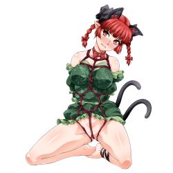 Rule 34 | 1girl, animal ears, bare shoulders, bdsm, blunt bangs, blush, bondage, bound, bow, bowtie, braid, breasts, cat ears, cat tail, dress, full body, green dress, hair bow, head tilt, kaenbyou rin, kneeling, large breasts, looking at viewer, multiple tails, no panties, ootsuki wataru, partially visible vulva, red bow, red bowtie, red eyes, red hair, shibari, shibari over clothes, solo, spread legs, squatting, tail, touhou, transparent background, twin braids, two tails