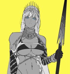 Rule 34 | bikini, bikini top only, blue eyes, breasts, chain, collar, crown, fate/grand order, fate (series), highres, jewelry, lance, large breasts, long hair, monochrome, polearm, simple background, solo, sorrowwomen, swimsuit, tan, weapon, yellow background, zenobia (fate)