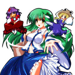 Rule 34 | 3girls, :d, blonde hair, breasts, brooch, chibi, detached sleeves, extra eyes, female focus, frog hair ornament, gem, hair ornament, hat, hip focus, indian style, jewelry, kochiya sanae, looking at viewer, midriff, moriya suwako, multiple girls, navel, nontraditional miko, open mouth, oushi, purple hair, simple background, sitting, smile, spread legs, stomach, touhou, vest, white background, yasaka kanako