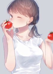 Rule 34 | 1girl, blush, breasts, brown hair, food, grey background, hami yura, holding, holding food, looking at viewer, medium breasts, medium hair, one eye closed, original, shirt, short sleeves, simple background, solo, tomato, twintails, upper body, white shirt