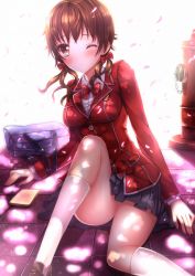 Rule 34 | 10s, 1girl, :o, bad id, bad pixiv id, bag, blazer, blush, bow, bowtie, bread, bread slice, brown eyes, brown hair, convenient leg, dappled sunlight, fire hydrant, food, guilty crown, hair bow, highres, jacket, kneehighs, loafers, long hair, long legs, looking at viewer, menjou hare, on floor, one eye closed, open mouth, petals, pleated skirt, school bag, school uniform, shade, shoes, short hair, sitting, skirt, socks, solo, sunlight, swordsouls, toast, twintails, white socks, wink