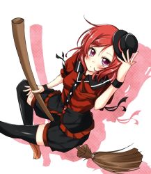 Rule 34 | alternate costume, black thighhighs, broom, broom riding, commentary request, hand on own head, hat, jiino, looking at viewer, love live!, love live! school idol festival, love live! school idol project, mini hat, nishikino maki, purple eyes, red hair, short sleeves, shorts, solo, thighhighs