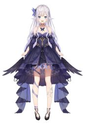 Rule 34 | 1girl, amaba syui, arms at sides, black footwear, blue eyes, breasts, choker, detached sleeves, dress, full body, hair ornament, head wings, highres, indie virtual youtuber, long hair, munuu, open mouth, purple dress, shoes, simple background, small breasts, solo, standing, strapless, strapless dress, virtual youtuber, white background, white hair, wings