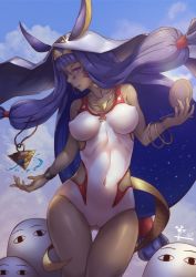 Rule 34 | 1girl, absurdres, animal ears, blue sky, bracelet, breasts, cloud, covered erect nipples, covered navel, dark-skinned female, dark skin, day, earrings, facial mark, fate/grand order, fate (series), hairband, highres, hoop earrings, jackal ears, jewelry, long hair, looking at viewer, medium breasts, medjed (fate), nitocris (fate), nitocris (swimsuit assassin) (second ascension) (fate), one-piece swimsuit, purple eyes, purple hair, sky, solo, standing, swimsuit, very long hair, white one-piece swimsuit, yu-gi-oh!, yuureiko