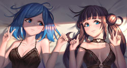 Rule 34 | 2girls, bare arms, bare shoulders, bed sheet, black camisole, black choker, blue eyes, blue hair, blunt bangs, braid, breasts, brown eyes, brown hair, camisole, choker, cleavage, closed mouth, collarbone, double bun, fingernails, french braid, hair bun, hands up, highres, light, long hair, looking at another, looking at viewer, lying, medium breasts, medium hair, moonandmist, multiple girls, on back, original, parted bangs, shade, sidelocks, smile, strap slip, twintails, upper body, v, w