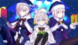 Rule 34 | 3girls, bell, black legwear, blue dress, blue footwear, blue gloves, blue hat, blue santa costume, boots, bow, bowtie, box, capelet, dress, fate (series), fur trim, gloves, hair bell, hair ornament, hat, higt box, holding, holding box, jeanne d&#039;arc (fate), jeanne d&#039;arc alter (avenger) (fate), jeanne d&#039;arc alter (fate), jeanne d&#039;arc alter santa lily (fate), light smile, looking at viewer, multiple girls, pantyhose, pleated dress, qiye yue, sana boots, santa costume, santa hat, shiny clothes, short dress, short hair, silver hair, striped bow, striped bowtie, striped clothes, striped neckwear, thigh boots, thighhighs, yellow eyes