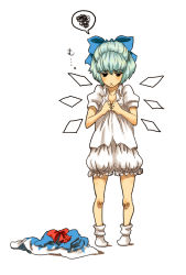 Rule 34 | bloomers, blue hair, cirno, gachako, hairband, socks, solo, touhou, underwear, undressing, white background, wings