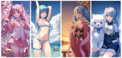 1girl 3: 71-fen_xiansheng_you absurdres ahoge animal_ears arm_strap arm_up armpits autumn autumn_leaves bag bagged_fish bear_ears bikini blue_eyes blue_hair blue_ribbon blue_skirt blue_sky blush border bracelet branch breasts buttons character_doll cherry_blossoms choker cleavage closed_mouth cloud collarbone collared_shirt commentary_request covered_navel day detached_sleeves dress_shirt earrings fake_animal_ears falling_petals fish floral_print flower food fur_trim gluteal_fold goldfish hair_between_eyes hair_flower hair_ornament hairpin hand_on_own_chest handbag hatsune_miku high-waist_skirt highres holding holding_food holding_spring_onion holding_stuffed_toy holding_vegetable innertube japanese_clothes jewelry kimono lace lace_choker leg_tattoo long_hair long_sleeves looking_ahead looking_at_viewer miniskirt mountainous_horizon navel neck_ribbon necktie night number_tattoo obi orange_sky outdoors outstretched_arm parted_lips petals pink_eyes pink_hair pink_kimono pink_necktie pink_skirt pink_sleeves pink_thighhighs pleated_skirt ribbon sakura_miku sash shirt short_sleeves signature sitting skindentation skirt sky sleeveless sleeveless_shirt small_breasts smile snow snowing solo spring_(season) spring_onion standing stomach striped_bikini striped_clothes stuffed_animal stuffed_toy summer sunglasses sunset swim_ring swimsuit tattoo teddy_bear teeth thigh_strap thighhighs tie_clip twintails upper_teeth_only vegetable very_long_hair vocaloid wading water wet white_border white_shirt white_sleeves wide_sleeves winter zettai_ryouiki