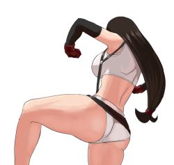 Rule 34 | 1girl, 78 (tky8), ass, back, bare legs, belt, black gloves, black hair, breasts, elbow gloves, final fantasy, final fantasy vii, gloves, hairband, large breasts, long hair, panties, red gloves, shorts, simple background, solo, sports bra, square enix, standing, tifa lockhart, underwear, vest, white background, white panties