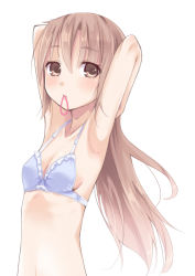 Rule 34 | 1girl, adjusting hair, armpits, bad id, bad pixiv id, blue bra, blush, bra, breasts, brown eyes, brown hair, frilled bra, frills, kyuri, long hair, mouth hold, no shirt, original, sideboob, simple background, small breasts, solo, underwear, underwear only, white background