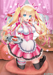Rule 34 | 1girl, apron, bed, black footwear, black thighhighs, blonde hair, blue eyes, blurry, blurry background, boots, breasts, bridal garter, cake, canopy bed, center frills, commentary request, cream, depth of field, flower, food, frilled apron, frilled skirt, frills, fruit, hair between eyes, hair ribbon, heart, highres, holding, holding food, holding tray, indoors, knee boots, kneeling, kumehara chiyota, long hair, maid, maid headdress, medium breasts, open mouth, original, pink ribbon, pink skirt, pleated skirt, puffy short sleeves, puffy sleeves, red flower, ribbon, shirt, short sleeves, sidelocks, skirt, solo, strawberry, striped, thighhighs, thighhighs under boots, tongue, tongue out, tray, twintails, twitter username, underbust, vase, vertical stripes, very long hair, waist apron, white apron, white shirt, wooden floor