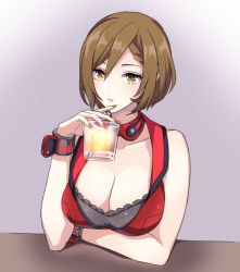 Rule 34 | 1girl, akiyoshi (tama-pete), alcohol, bare shoulders, breasts, brown eyes, brown hair, choker, cleavage, cup, drinking glass, large breasts, looking at viewer, meiko (vocaloid), meiko (vocaloid3), nail polish, parted lips, short hair, sleeveless, solo, upper body, vocaloid, wrist cuffs