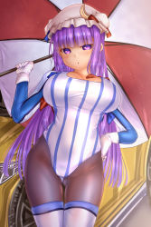 Rule 34 | 1girl, boots, breasts, commentary request, crescent, crescent pin, gloves, gluteal fold, hair ribbon, hand on own hip, hat, highres, large breasts, leotard, long sleeves, mob cap, pantyhose, patchouli knowledge, purple eyes, purple hair, race queen, ribbon, shounen (hogehoge), solo, striped clothes, striped leotard, thigh boots, thigh gap, thighhighs, touhou, umbrella