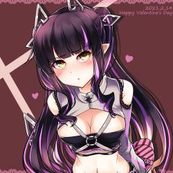 Rule 34 | 1girl, black hair, black tube top, blunt bangs, blush, box, breasts, cleavage, clothing cutout, commentary request, dameyoshi, dated, demon girl, demon horns, demon tail, grey sweater, happy valentine, heart, heart-shaped box, highres, horns, kojo anna, kojo anna (2nd costume), lace trim, leaning forward, long hair, looking at viewer, medium breasts, midriff, multicolored hair, nanashi inc., navel, official alternate costume, open mouth, pink hair, pointy ears, shoulder cutout, shrug (clothing), solo, strapless, sugar lyric, sweater, tail, tube top, twintails, two-tone hair, upper body, valentine, virtual youtuber, yellow eyes