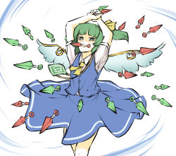 Rule 34 | 1girl, arms up, ascot, between fingers, blue skirt, blue vest, daiyousei, danmaku, fairy wings, green eyes, green hair, highres, holding, kunai, looking at viewer, mouth hold, peroponesosu., power-up, puffy short sleeves, puffy sleeves, shaded face, shirt, short sleeves, side ponytail, simple background, skirt, solo, touhou, vest, weapon, white background, white shirt, wings, yellow ascot