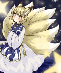Rule 34 | 1girl, animal ears, bad id, bad twitter id, blonde hair, dress, egret, fox ears, fox tail, frills, hands in opposite sleeves, highres, long sleeves, multiple tails, no headwear, no headwear, one-hour drawing challenge, solo, star (symbol), tabard, tail, touhou, twitter username, white dress, wide sleeves, yakumo ran, yellow eyes