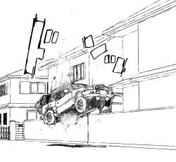 Rule 34 | 1girl, abduction, car, commentary request, flying, greyscale, lineart, long hair, magical girl, monochrome, motor vehicle, original, road, sakifox, sports utility vehicle, vehicle focus
