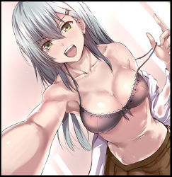 Rule 34 | 10s, 1girl, aqua hair, bare shoulders, blush, bra, breasts, brown bra, cleavage, green eyes, hair ornament, hairclip, kantai collection, long hair, looking at viewer, navel, open clothes, open mouth, open shirt, pleated skirt, reaching, reaching towards viewer, school uniform, selfie, shirt, skirt, smile, solo, suzuya (kancolle), sweat, tai (nazutai), underwear, undressing