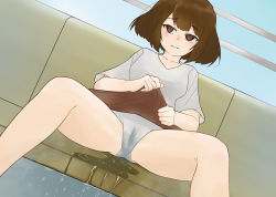 Rule 34 | 1girl, blue sky, blush, breasts, brown eyes, brown hair, brown skirt, cameltoe, chair, clothes lift, day, embarrassed, female focus, grey panties, grey shirt, half-closed eyes, highres, lifting own clothes, matching hair/eyes, miniskirt, nose blush, original, outdoors, panties, parted lips, pee, peed self, presenting, puddle, shirt, short hair, short sleeves, sitting, skirt, skirt lift, sky, small breasts, solo, spread legs, taiya (pixiv 33530521), teeth, underwear, wet, wet clothes, wet panties