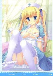 Rule 34 | 1girl, absurdres, blonde hair, blue eyes, blush, breasts, feet, highres, long hair, nipples, no bra, no panties, no shoes, nurse, open clothes, open shirt, shirt, solo, takano yuki (allegro mistic), thighhighs, toes, twintails